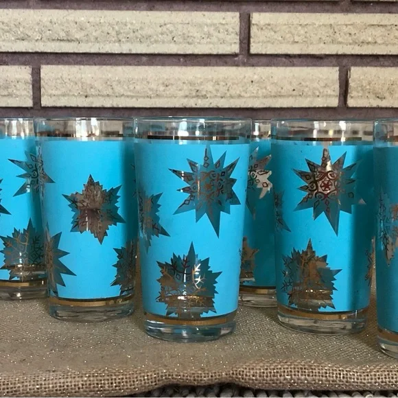 60's Aqua/Gold Starburst Glasses - 8 - Tumblers - Highballs - Barware -Glassware - Picture 2 of 14